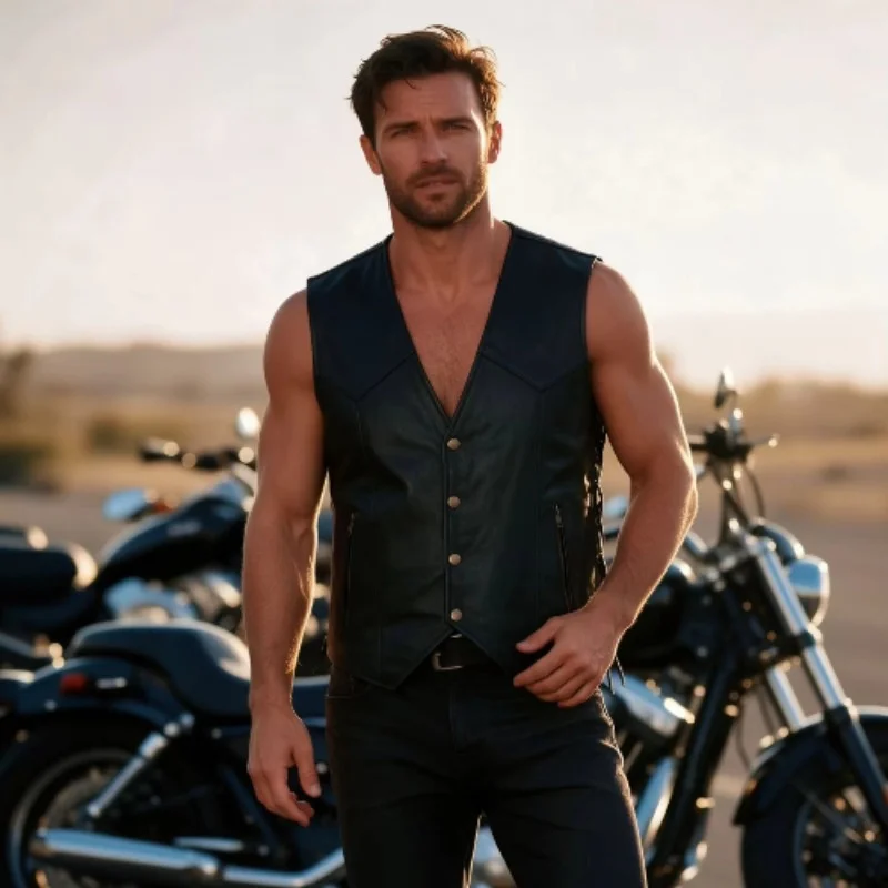 Men Faux Leather Sleeveless Vest, Open‑Front Punk Biker Waistcoat, Motorcycle Casual Outerwear for Party Daily Wear
