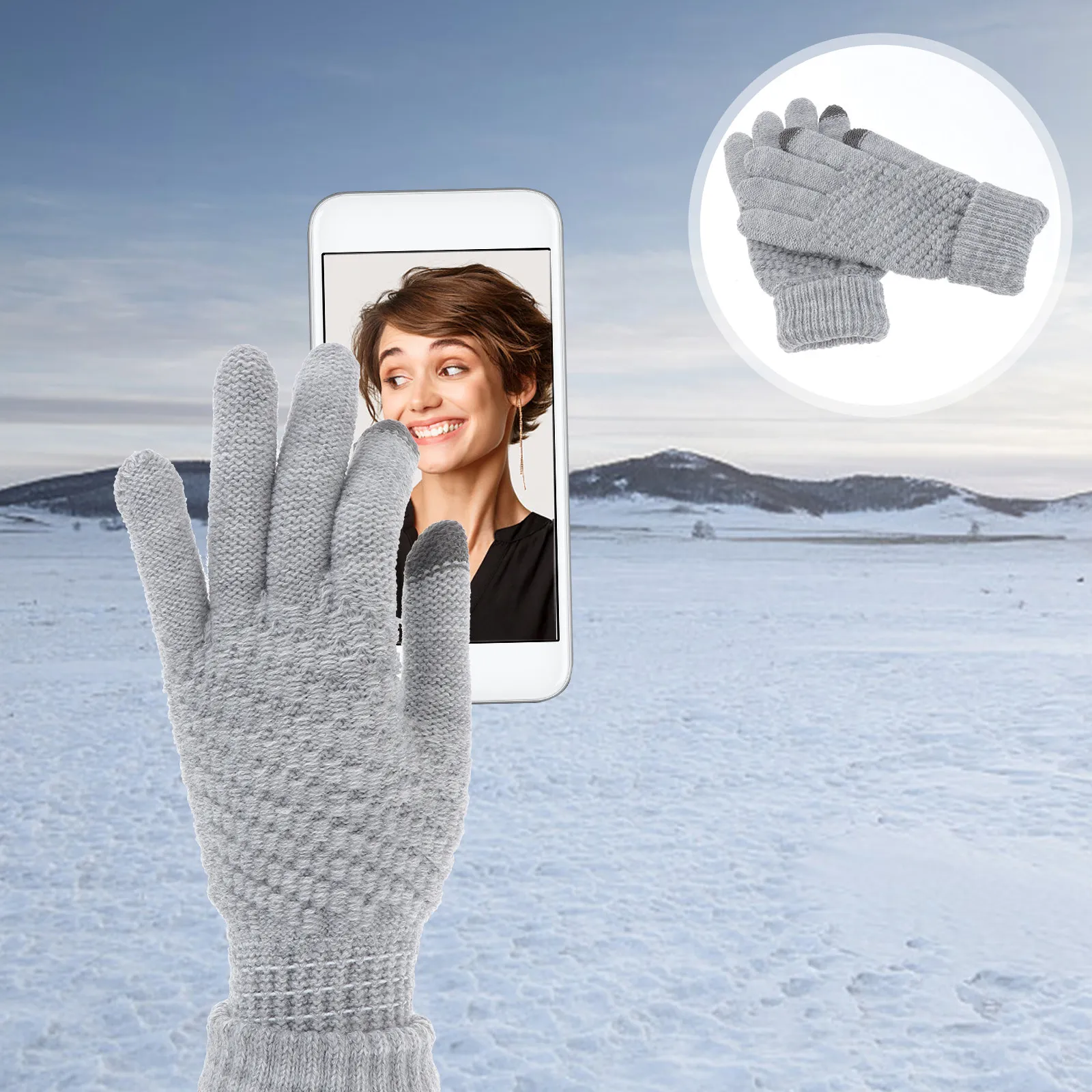 

Grey Woolen Yarn Touch Screen Knitted Gloves Warm Winter Use Cellphone Tablet Touch Screen Gloves Essential