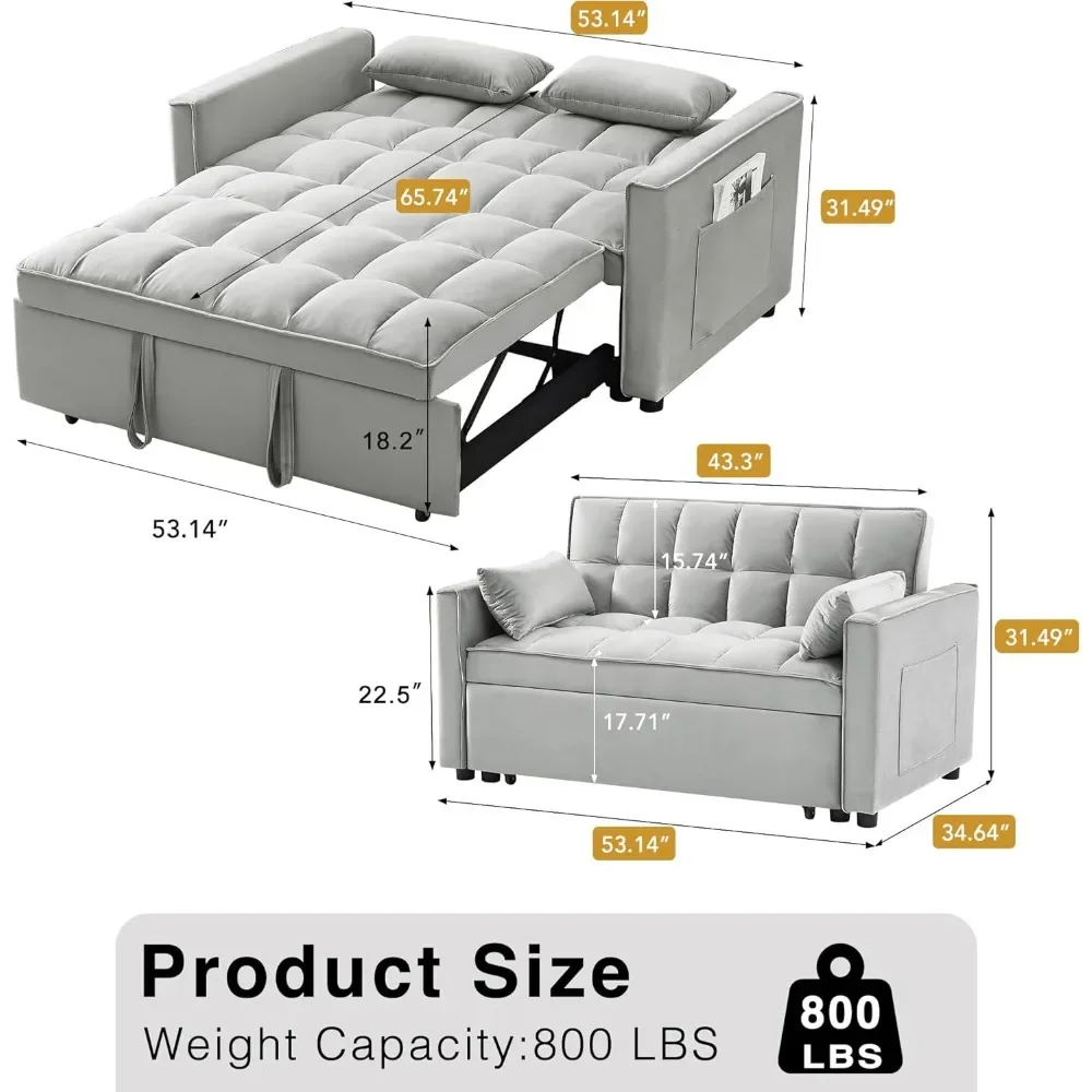 3 in 1 Convertible Sleeper Sofa Bed, Futon Couches for Living Room with Side Pocket | Adjustable Backrest | Velvet Fabric | Pull