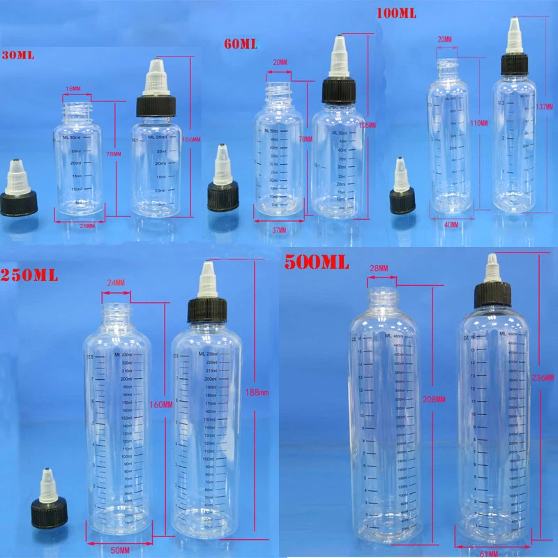 20Pcs 30ml-500ml Plastic Graduated Bottles With Twist Caps Refillable Containers For Pigment Inks Oils Arts Bathroom Hair Salon