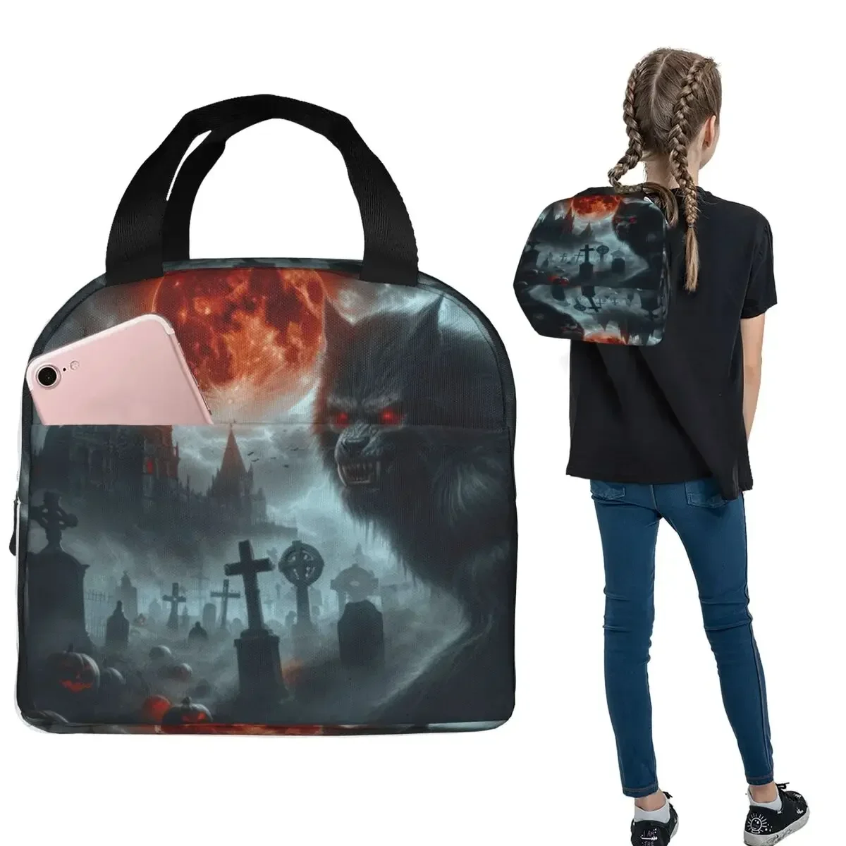 Werewolf With Red Eyes And Red Moon Halloween Pumpkin Insulated Lunch Bag for Women Children Food Boxes Thermal Lunch Box Tote