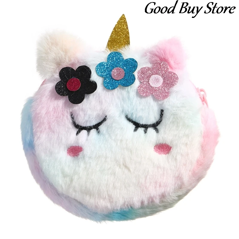 Kids Round Plush Purse Cartoon Unicorn Shoulder Bag Corduroy Handbags Children Circle Wallet Mini Key Earphone Organizer Bags