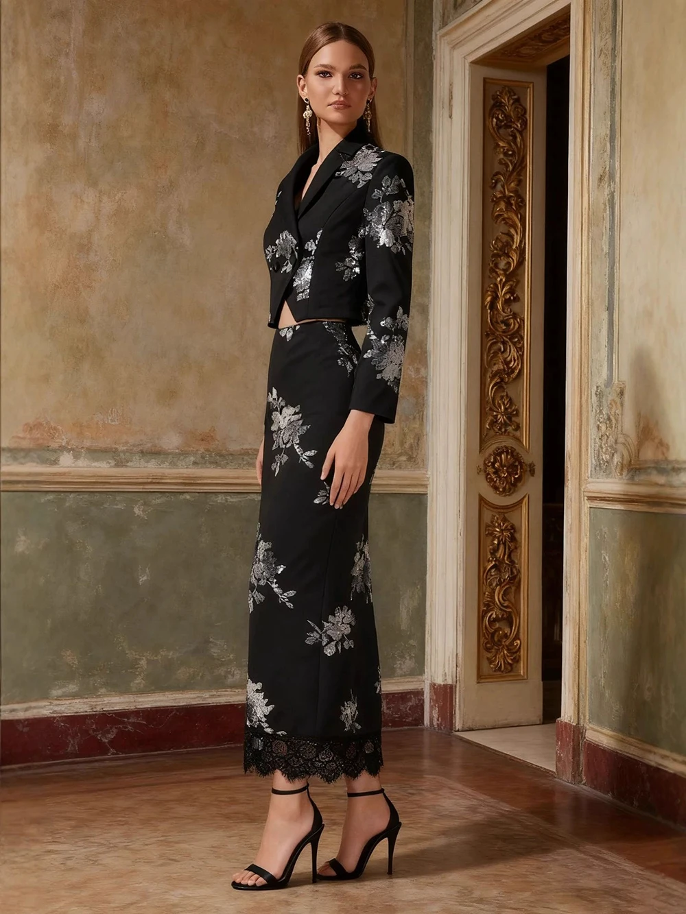 

High End Women's Suit 2026 Spring New Suit Collar Print Two-piece Set Slimming Commuting Banquet Dress Set