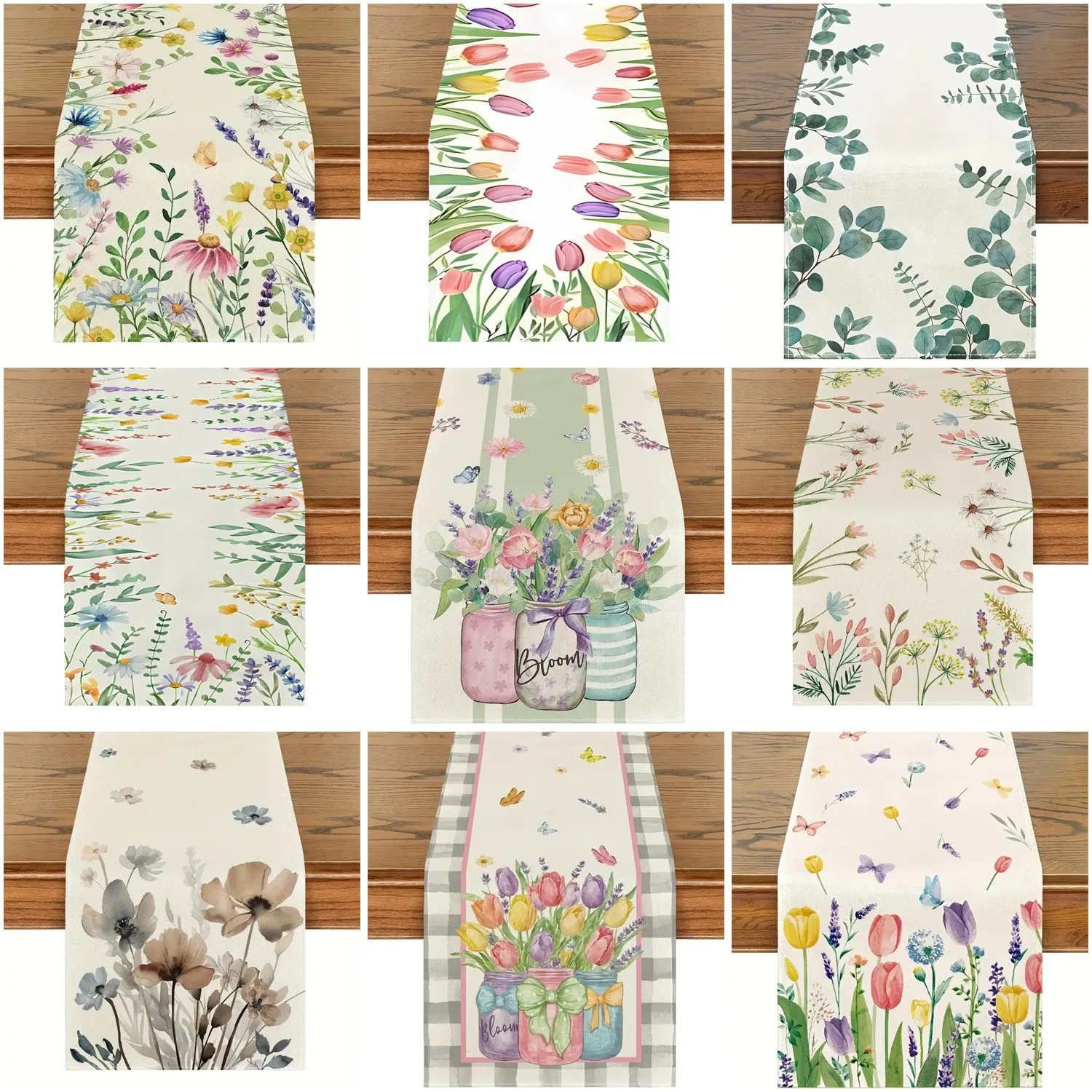 

Spring Tulip Watercolor Floral Table Runner Colorful Wildflower Table Cover for Home Kitchen Dining Room Wedding Party Decor