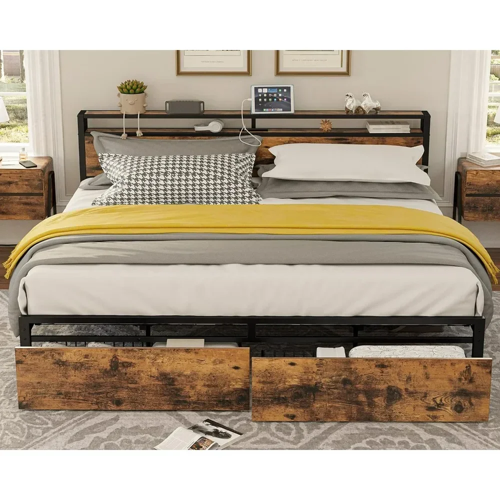 bed.King Bed Frame with Storage Headboard, Platform Bed with Drawers and Charging Station, No Box Spring Needed, Easy Assembly