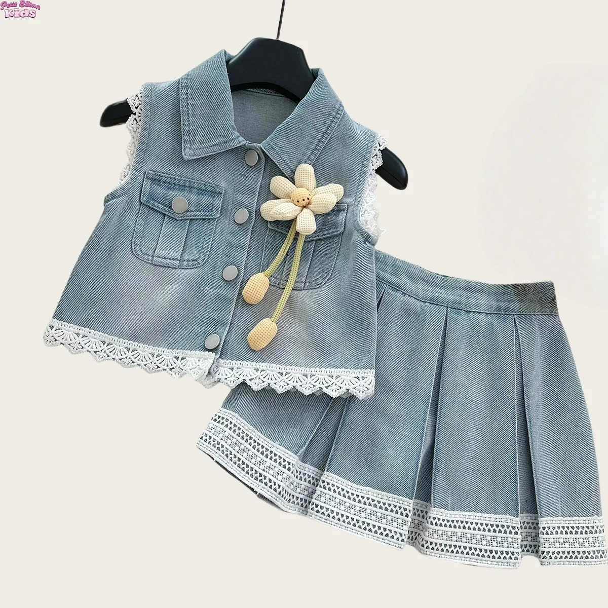 

Kids Girls' Cotton Denim Sleeveless Top and Lace Pleated Skirt Set 3-7 Y Stylish Casual Korean New Style Fashion Toddler Outfit