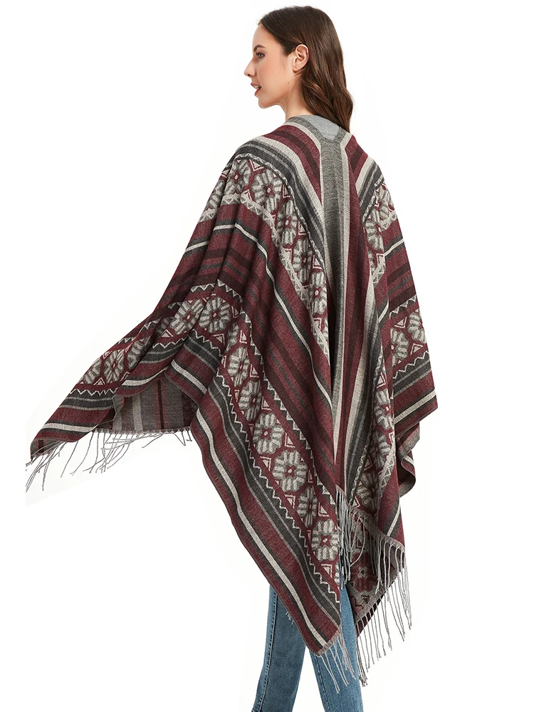 Sciarpa divisa con nappa con stampa geometrica da donna in cashmere di nuova moda Scialle caldo invernale lungo avvolgente femminile comoda coperta spessa Boho