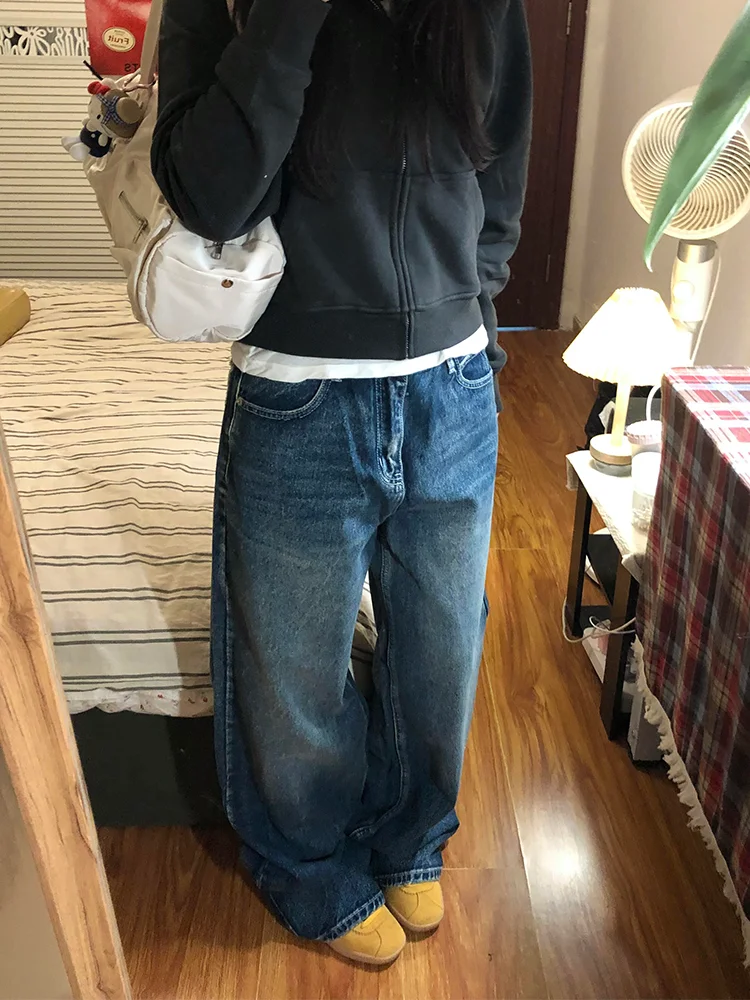 

Loose Fit American Style Blue Casual Denim Jeans Women High Waist Wide Leg Long Pants Autumn Street Fashion Straight Retro