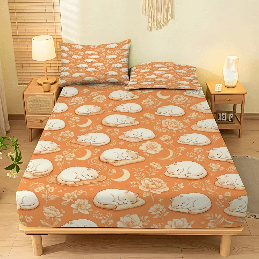3-Piece Mattress Protector Set, 1 Fitted Sheet + 2 Pillowcases (Without Filling) 2D Flat Printing, Mattress Protector, Fitted Sheet Protector, Mattress Cover, Elastic Fitted Sheet Cover, Cute Cat Mattress Protector, Mattress Cover, Elastic Fitted Sheet Cover King/Twin/Queen Size Fits Various Sizes