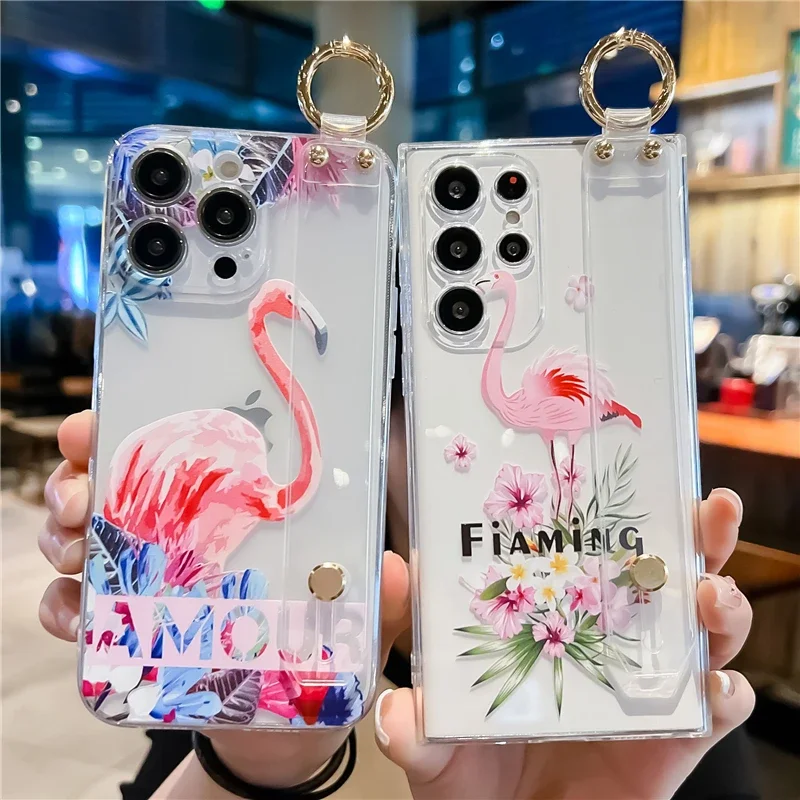 Fashion Flamingo Phone Holder Case for iPhone 15 14 Pro 13 12 11 Pro Max XR XS X SE 2020 7 8+ Transparent Hand Band Cover Coque