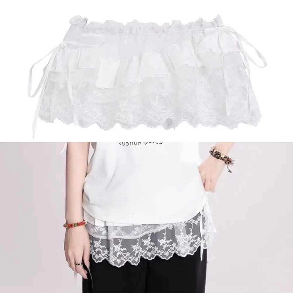 

Jeans Pants Decor Embroidered Flower Lace Mini Skirt See Through Irregular Ruched Skirts Y2K Streetwear Harajuku Butt Curtain