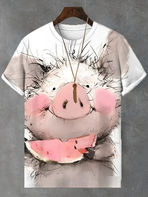 حجم كبير الصيف متعة المرأة موضة مجردة الحيوان هريرة خنزير طباعة عالية الجودة نمط جديد تي شيرت عادية الجولة الرقبة تي شيرت