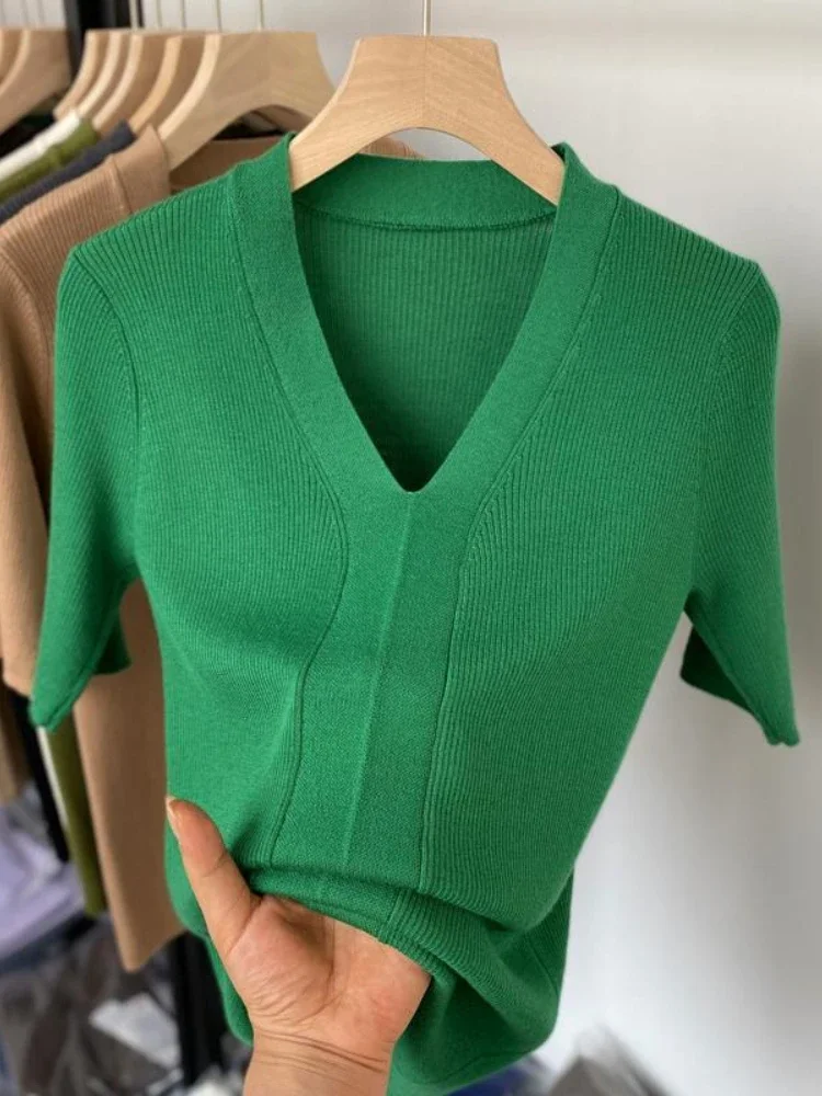 Slim Fit Short Sleeve Top Women V-neck 2024 Spring/summer New Knit Women's T-shirt Casual Simple Versatile Green Women's Blouse