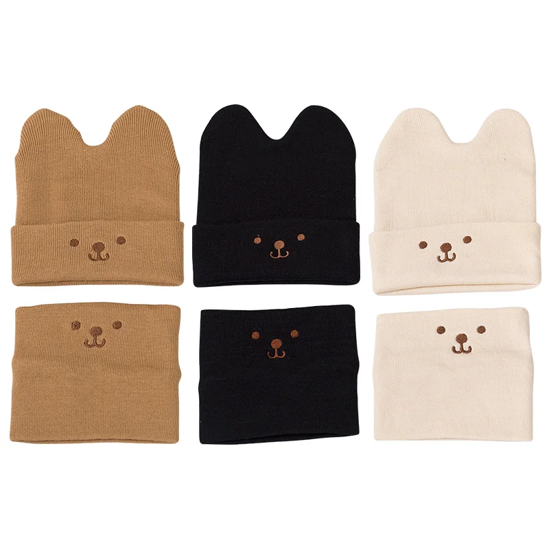 Bear Newborn Hat Scarf Set Autumn Winter Baby Beanie Knitted Hat Toddler Accessories Cute Cartoon Infant Cap for Girls Boys