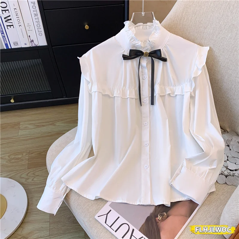 Stand Collar Ruffles Cute Bow Tie Tops Preppy Style Vintage Japanese Korea Design Button Elegant Formal White Shirts Blouses