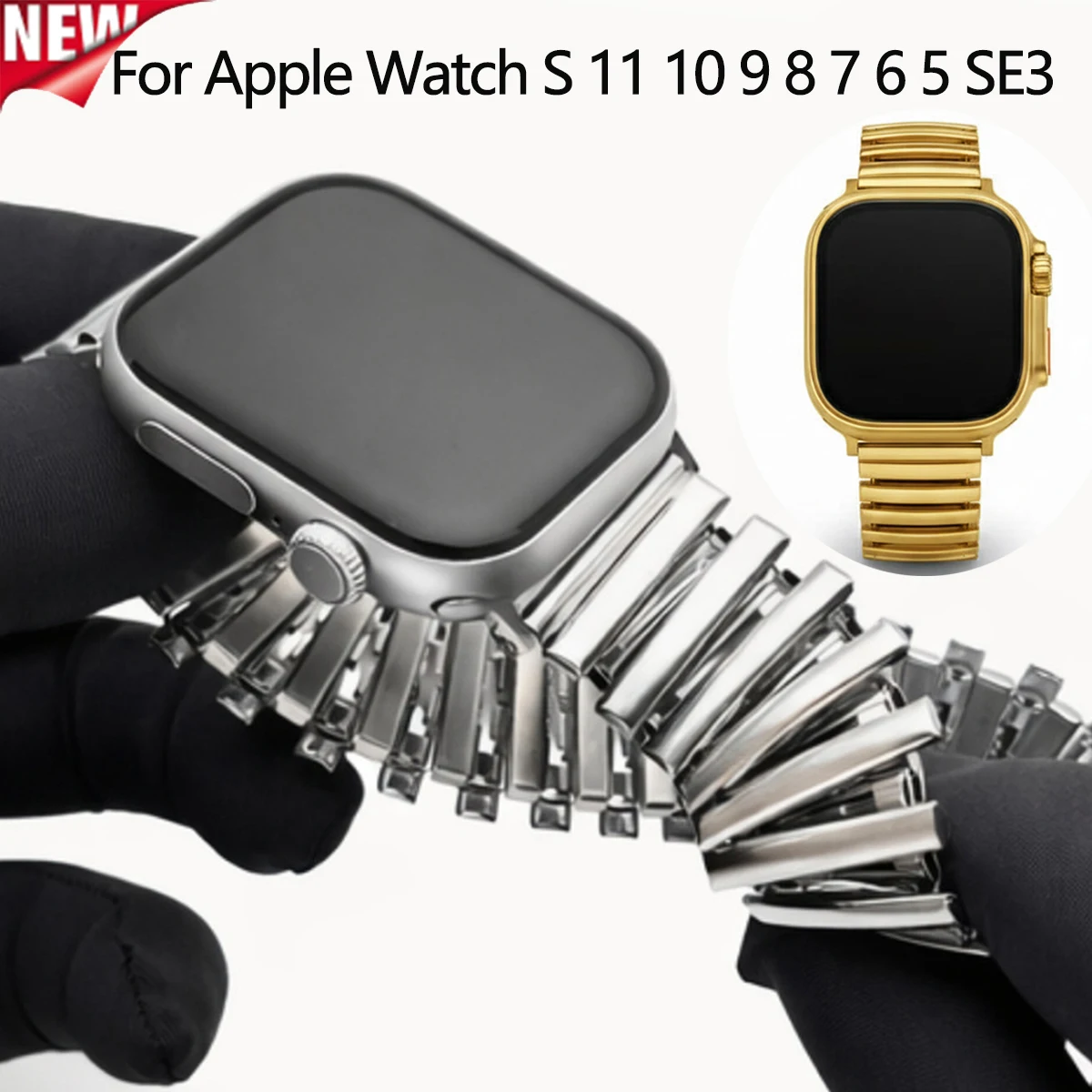 Stretchable Stainless Bands for Apple Watch Ultra 3/2 49mm 38 40 44 46mm Men's Business Strap for Iwatch Series 11 10 9 8 7 Se3