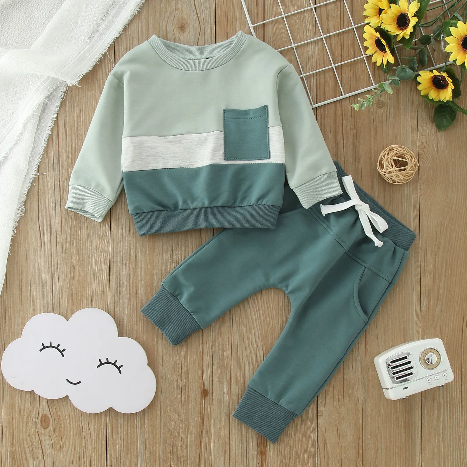 2pcs Baby Boys Outfits Newborn Winter Contrast Color blocked Long Sleeve Sweatshirt Tops Toddler Elastic Sweatpants Fall Clothes