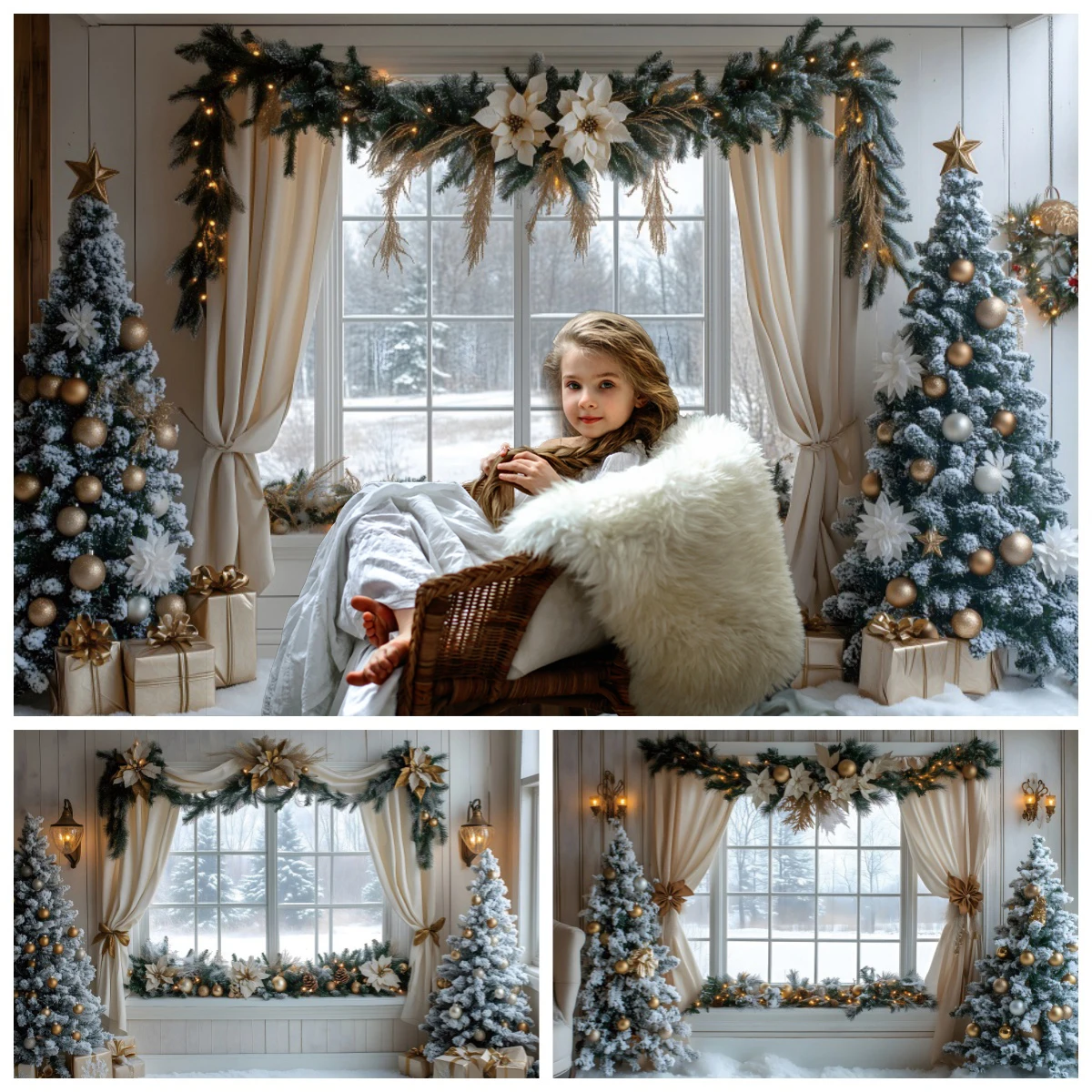 Winter Christmas Photography Backdrop Snow Window Curtain Christmas Tree Kids Family Party Portrait Decoration Photo Background