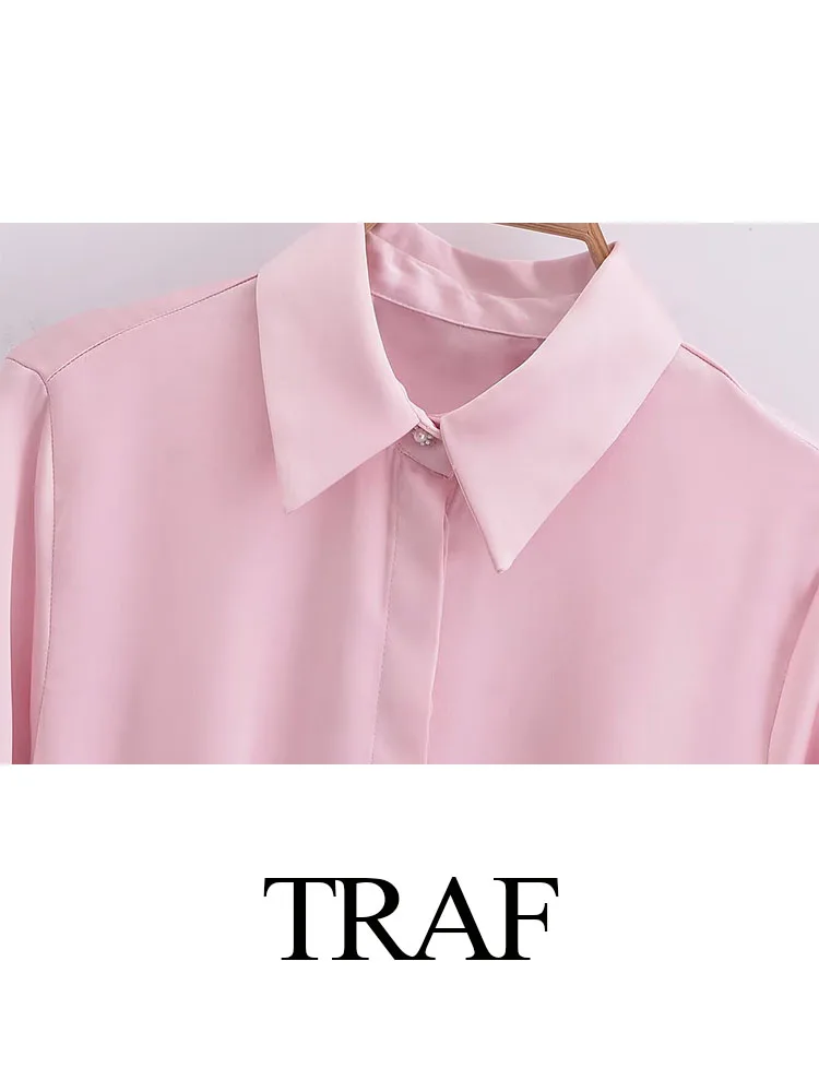 TRAF Woman New Fashion Spring Casual Shirt Pink Turn-Down Collar Long Sleeves Lace-Up Decorate Single Breasted Female Blouses