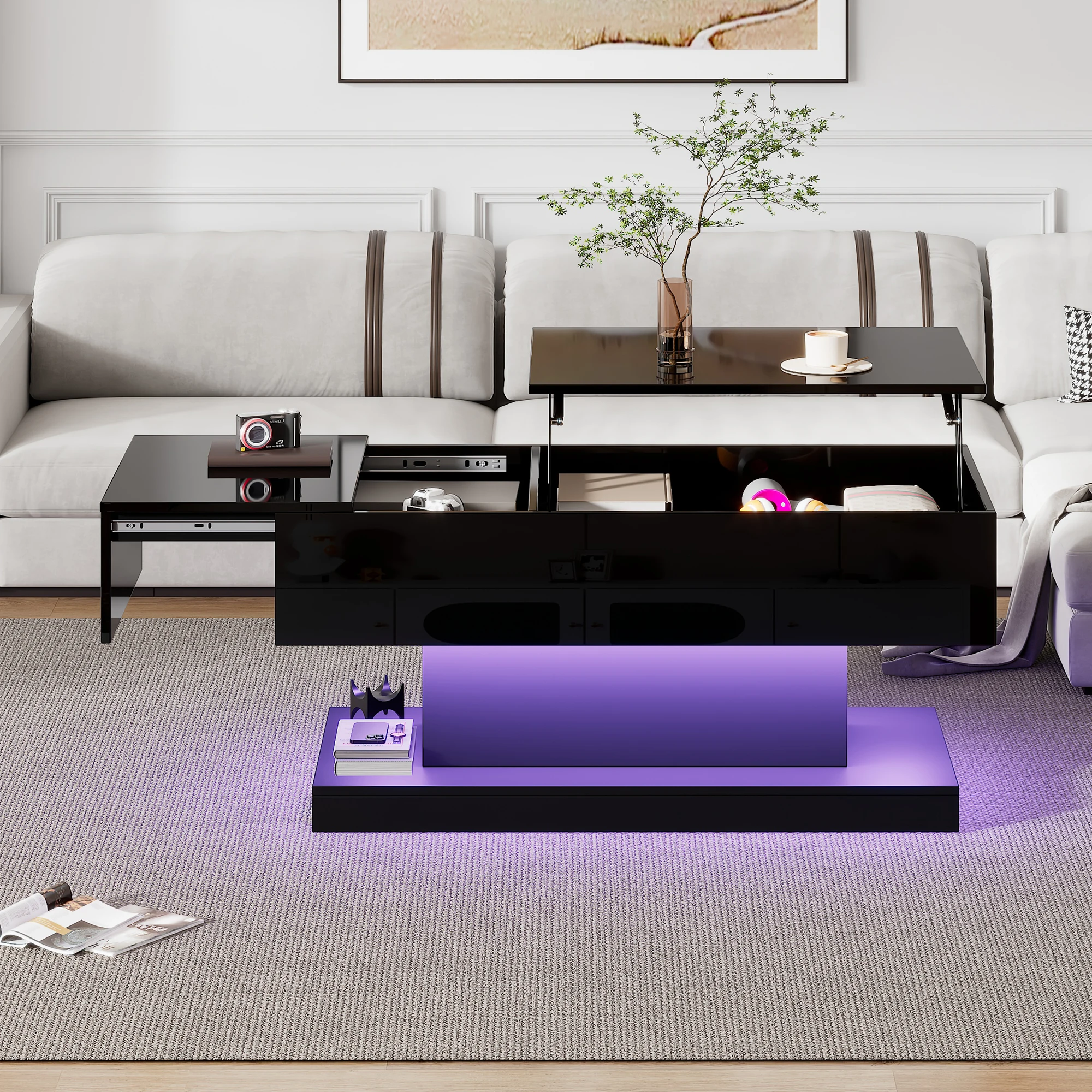 High-gloss folding tea table LED coffee tables 100 x 50 x 4cm with LED lighting semi-liftable tabletop and side-sliding design