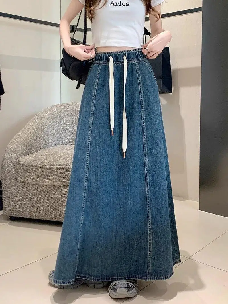 Plus Größe Vintage Hohe Taille Dstring Denim Rock frauen Frühling Herbst Lose Fit A-Line Langen Rock Abnehmen Wirkung