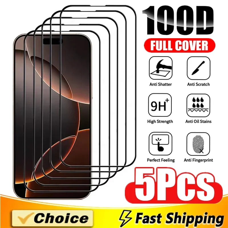 

5Pcs 100D Tempered Glass For iPhone 15 14 13 12 11 16 Pro Max Mini Screen Protector For IPhone 17 PRO XR X XS MAX 7 8 Plus Glass