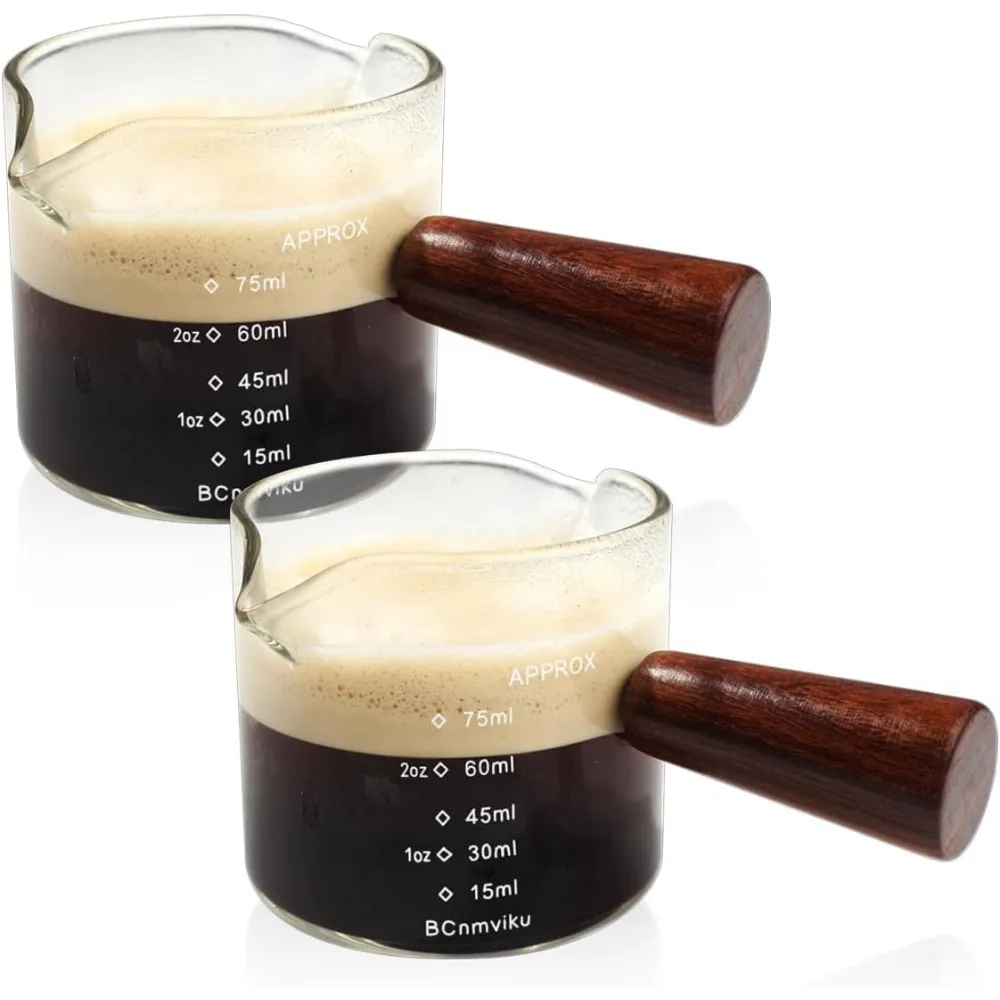 Clear Glass 75ML  Espresso Shot Glasses with Wooden Handle Measuring Cup Coffee Cup High Borosilicate Glass Pitcher Barista