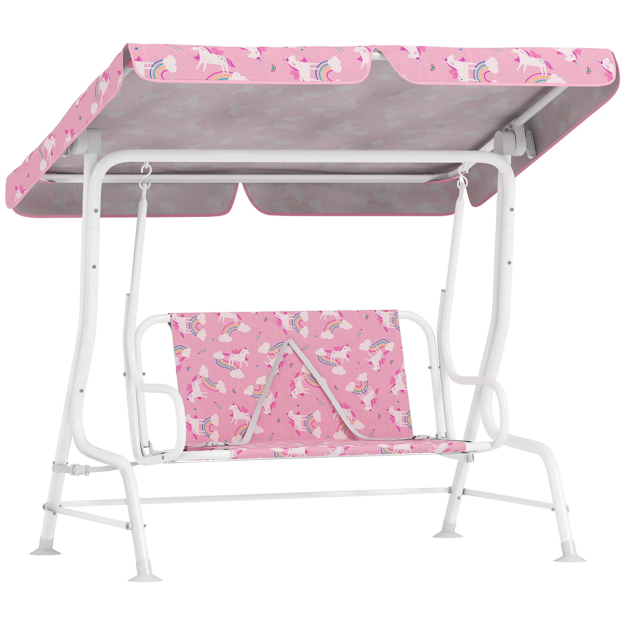 AIYAPLAY Columpio Jardín Exterior para niños 2 Plazas Toldo Ajustable Cinturones de Seguridad Diseño de Unicornio Arcoíris Rosa