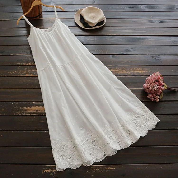 Summer Mori Girl Sweet Dress Women Japanese Solid Flower Embroidery Sleeveless Spaghetti Strap Cotton Female Kawaii Dresses U725