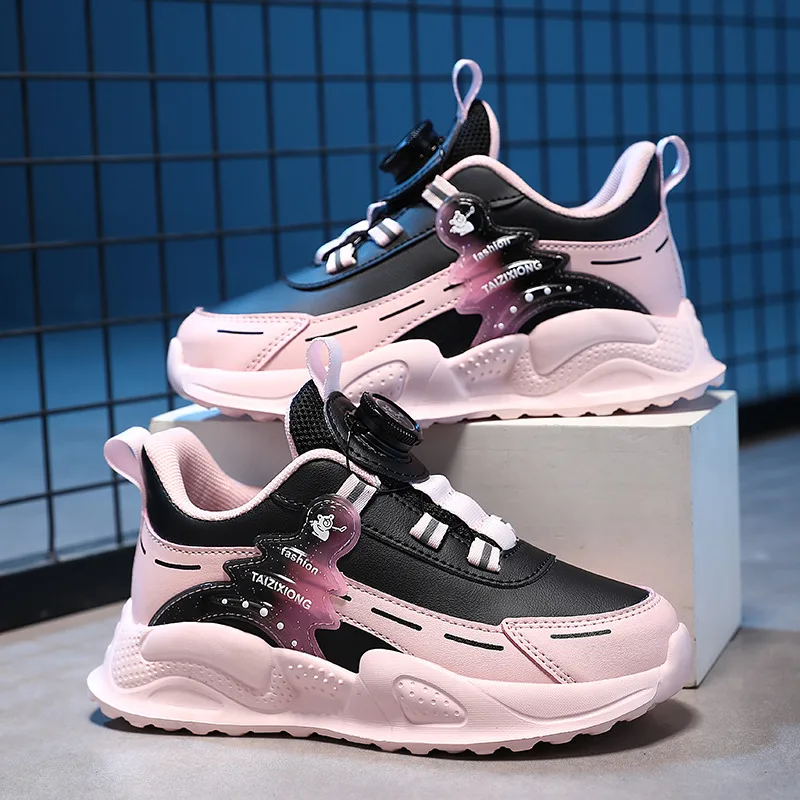 

New Autumn Pink Sneakers Girl Knob Leather Sports Shoes for Kids Trainers Outdoor Platform Running Shoes Child zapatos para nina