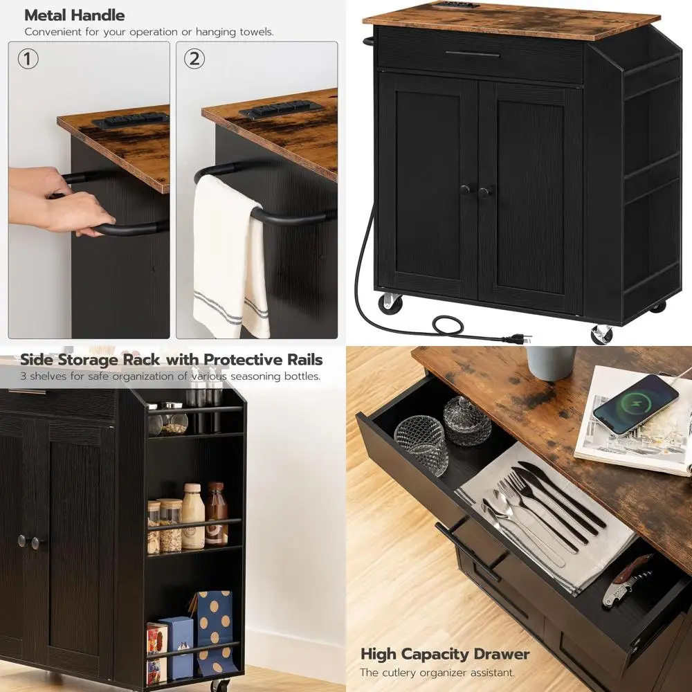 

Коричневый и черный подвижный кухонный остров в деревенском стиле с мощностью, хранилищем и полкой для специй для дома и столовой