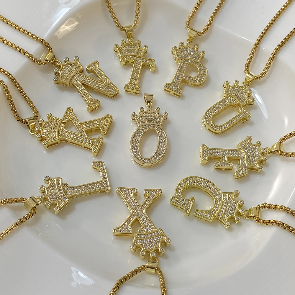 26 Letters A-Z Zircon Crown Initial Alphabet Pendant Necklace for Women Men Luxury Gold Plated Copper Necklaces Jewelry Gifts