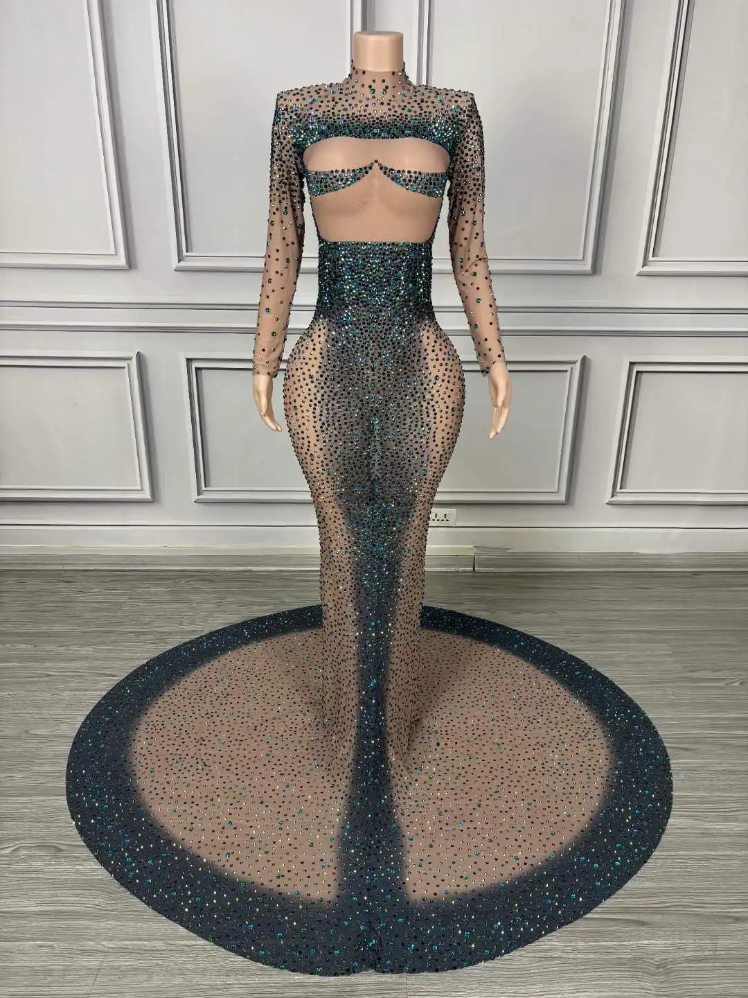 Sparkly Hot Drilling Process Rhinestone Floor Length Dress For Women Mesh See Through Luxury Drag Queen Costume Singer Dancer