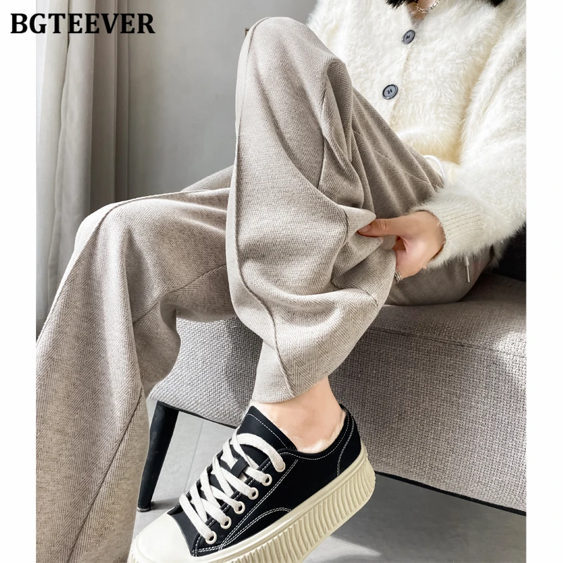 BGTEEVER Winter Fashion Warm Loose Floor-Length Straight Pants for Women Stylish High Waist Lace-up Women Thicken Trousers