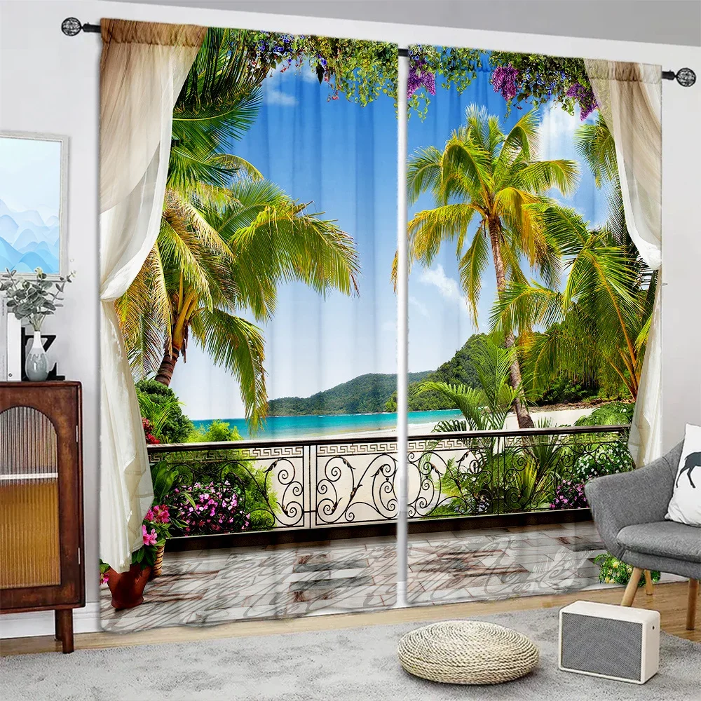 2pcs Fashionable Balcony Scenery Printed Curtain for Home Decor - Rod Pocket Window Treatment for Bedroom, Office and Kitchen