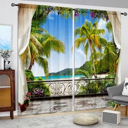 2pcs Fashionable Balcony Scenery Printed Curtain for Home Decor - Rod Pocket Window Treatment for Bedroom, Office and Kitchen
