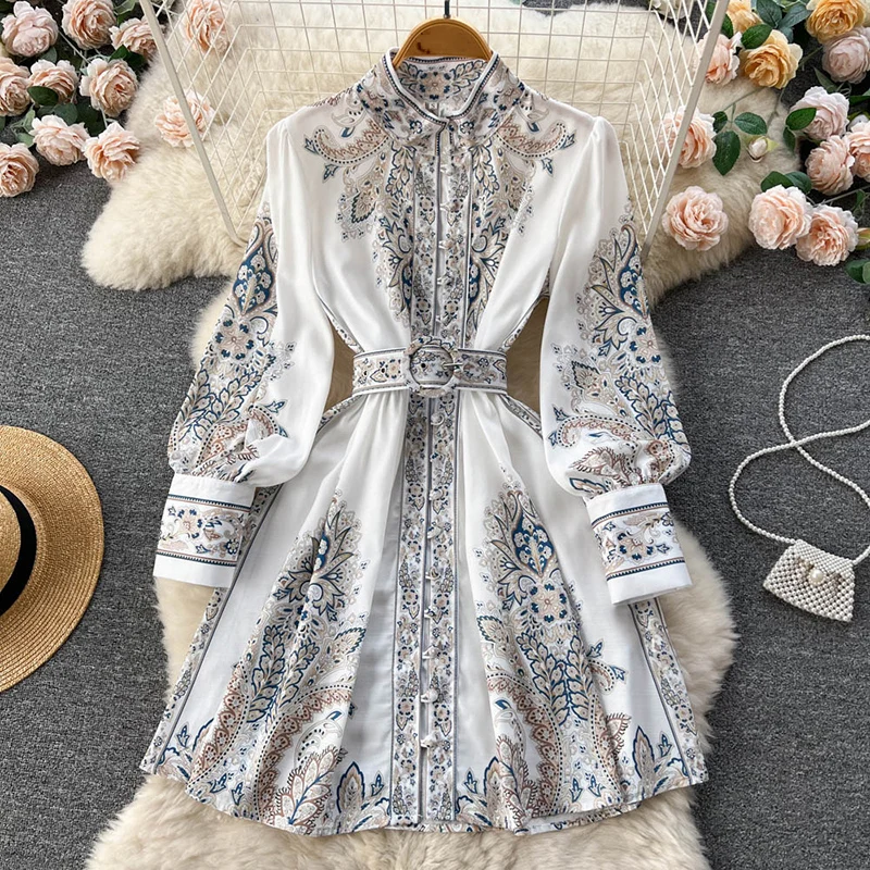 White Dresses For Women Elegant Bohemian O Neck Lantern Long Sleeve High Waist Dress With Belt Cotton Blend Print A-Line Mujer