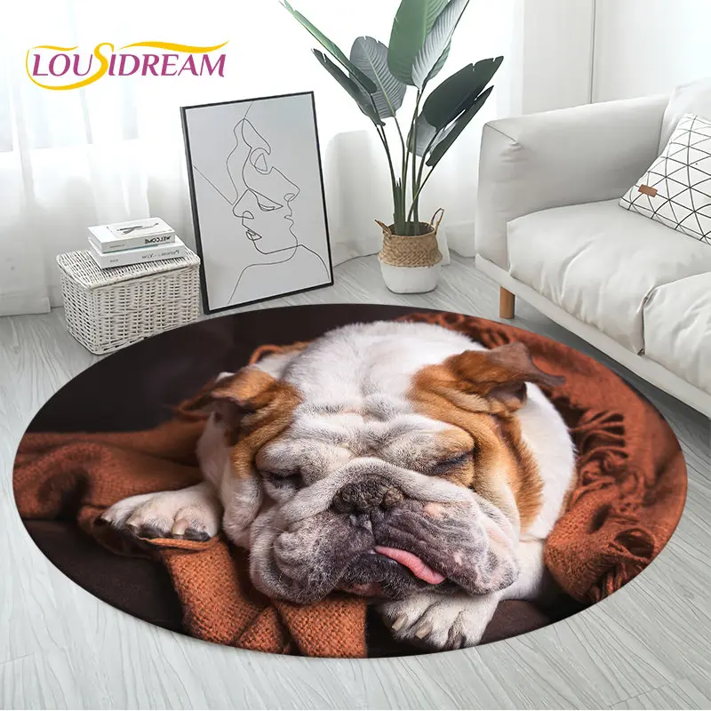 لطيف الفرنسية حفرة الثور الكلب الحيوانات الأليفة الجرو منطقة مستديرة البساط ، السجاد لغرفة المعيشة غرفة نوم الأطفال أريكة غرفة اللعب ديكور ، عدم الانزلاق الكلمة حصيرة