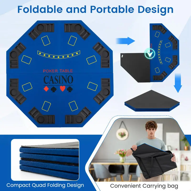 

8-Player Foldable Poker Table Top with Carrying Bag-Blue