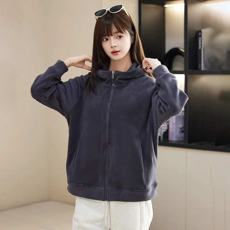 

Korean Vintage Fleece Hooded Sweatshirts Women Thicken Warm Hooded Sports Jacket Autumn Winter Windproof Zip Up Hoodies Woman