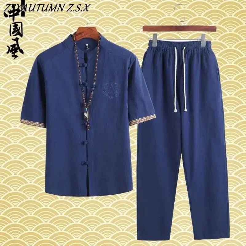 Summer Chinese Style Linen Tang Suit Traditional Clothing Men Shorts Tai Chi Uniform Retro V-neck Short Sleeve Shirt Pants Set