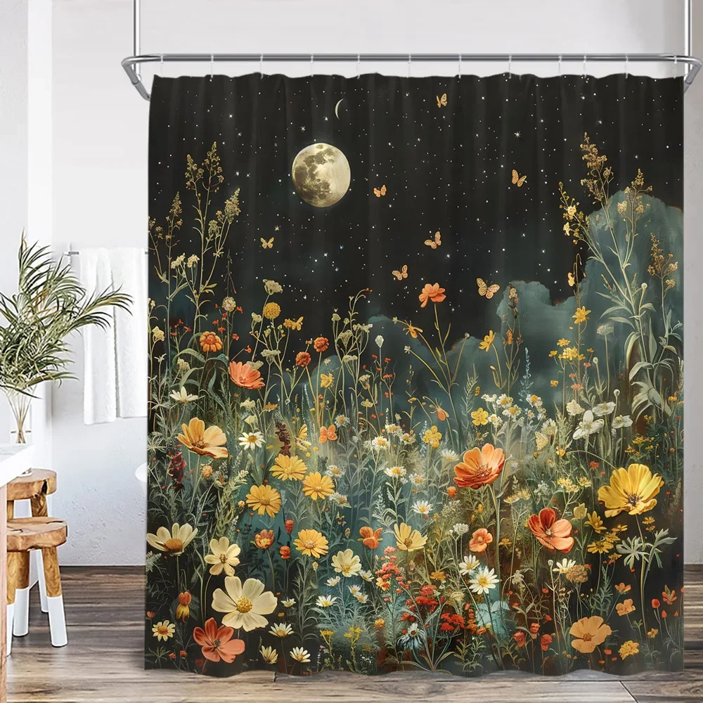 Watercolor Floral Shower Curtain Daisy Herb Plant Flower Botanical Bathroom Decor Modern Dark Polyester Bath Curtain with Hooks