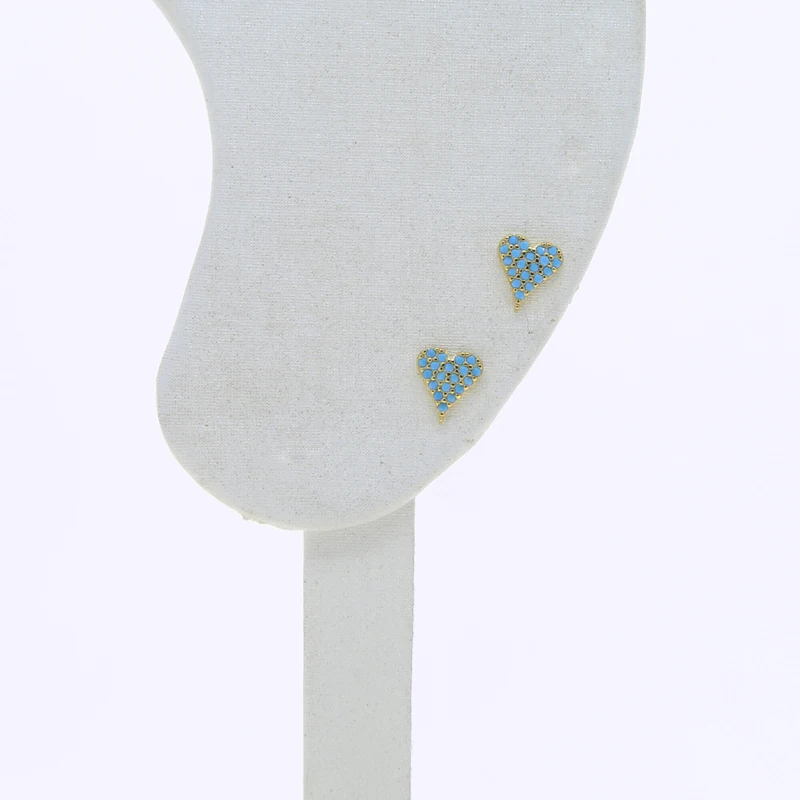 Anting-anting kancing hati kecil wanita, berlapis emas 925 perak murni mikro Pave biru pirus batu