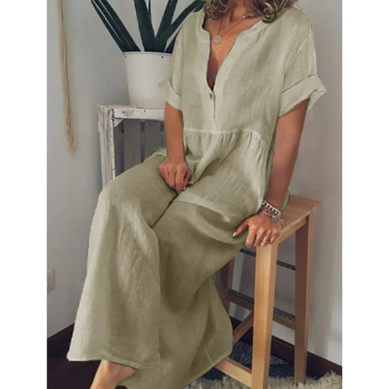 

Summer Casual Oversize Women's Dress Short-sleeved Fashion O Neck Short-sleeved with Button Home Wear Holiday Dresses Female