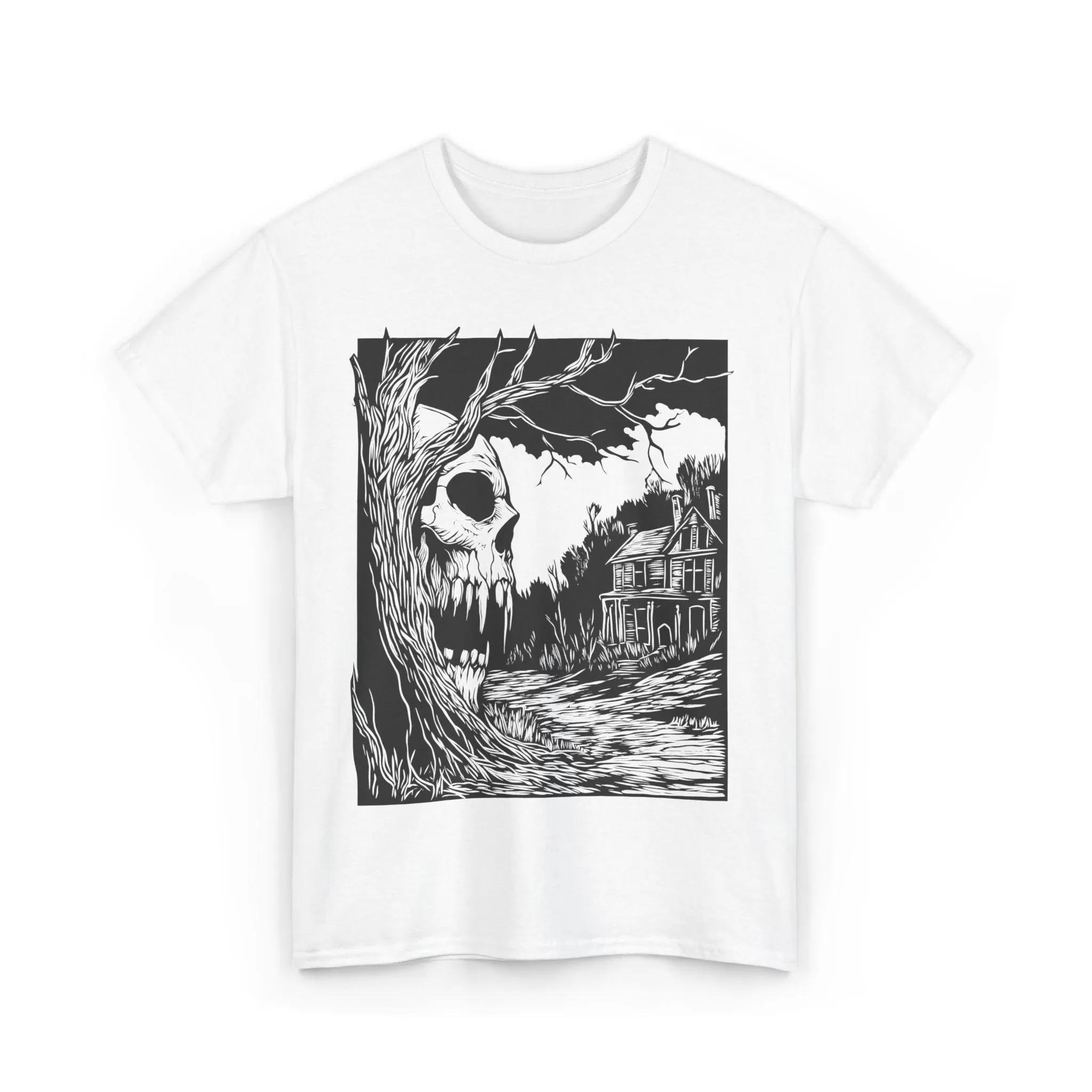 Haunted House Horror T-Shirt Gothic Forestcore Skull Tee Creepy Skull Illustration Spooky Dark Art Witchy Dark Men Clothing