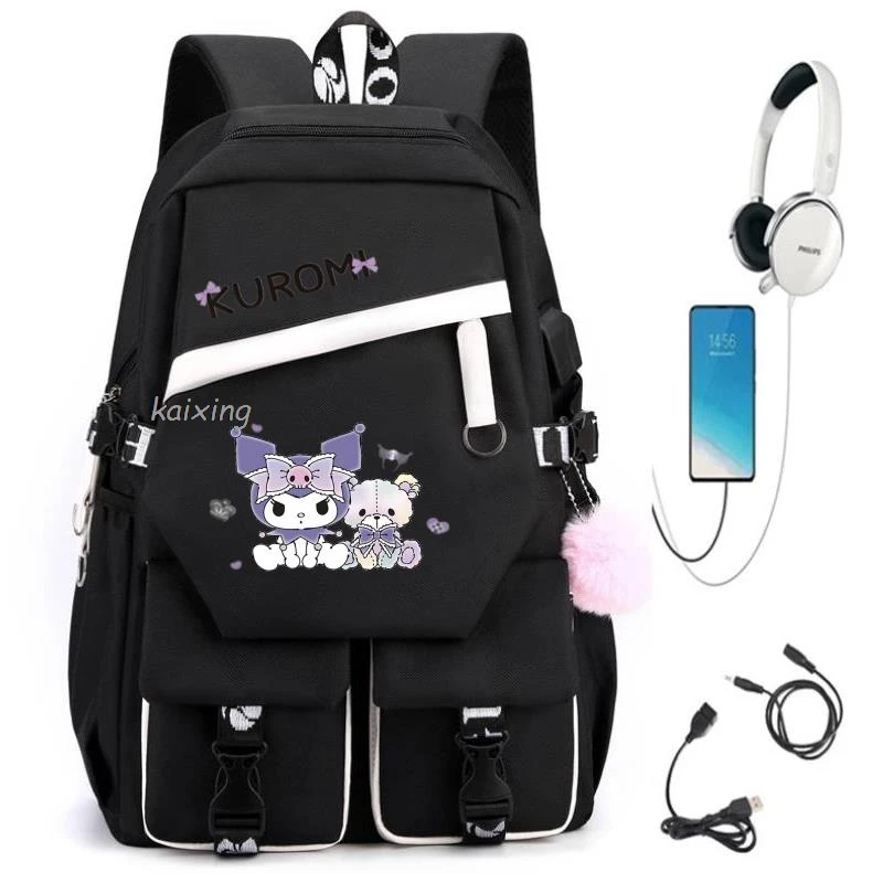 Lovely Kuromi Melody USB Backpack Girl Boy Student Teenager Children Rucksack Women Cute Casual School Bags Kids Birthday Gift