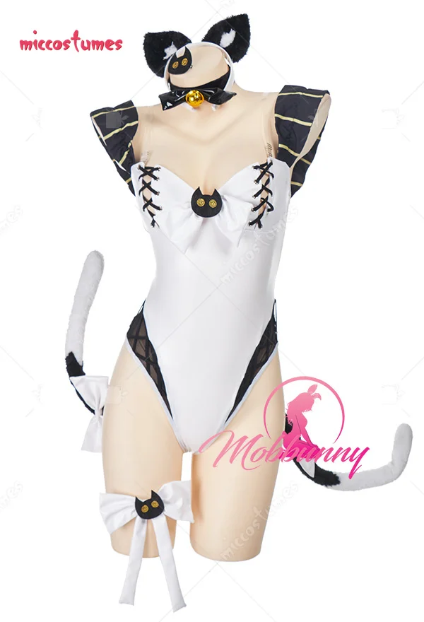 

Sexy Lingerie Set Two-tailed Cat Onesies Bowknot Crossover Strap Bodysuit Costume Outfit with Wristlets and Hair Band
