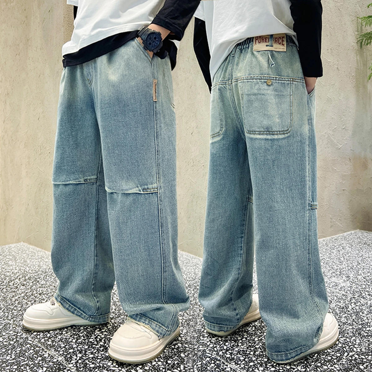 Trendy Boys Teen Loose Fit Denim Jeans Casual Ripped Kids Long Trousers Korean Style Cotton Blend for Autumn Spring