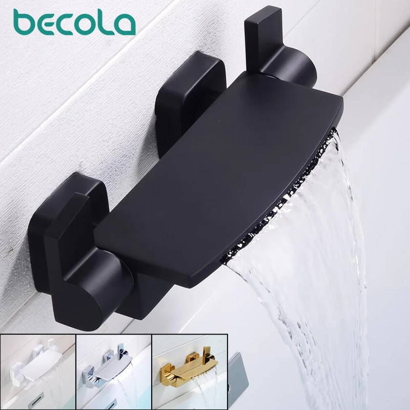 Becola Black Bathroom Waterfall Tub Faucet Deck Mount Dual Handle Brass Bathtub Shower Faucet Mixer Tub Tap