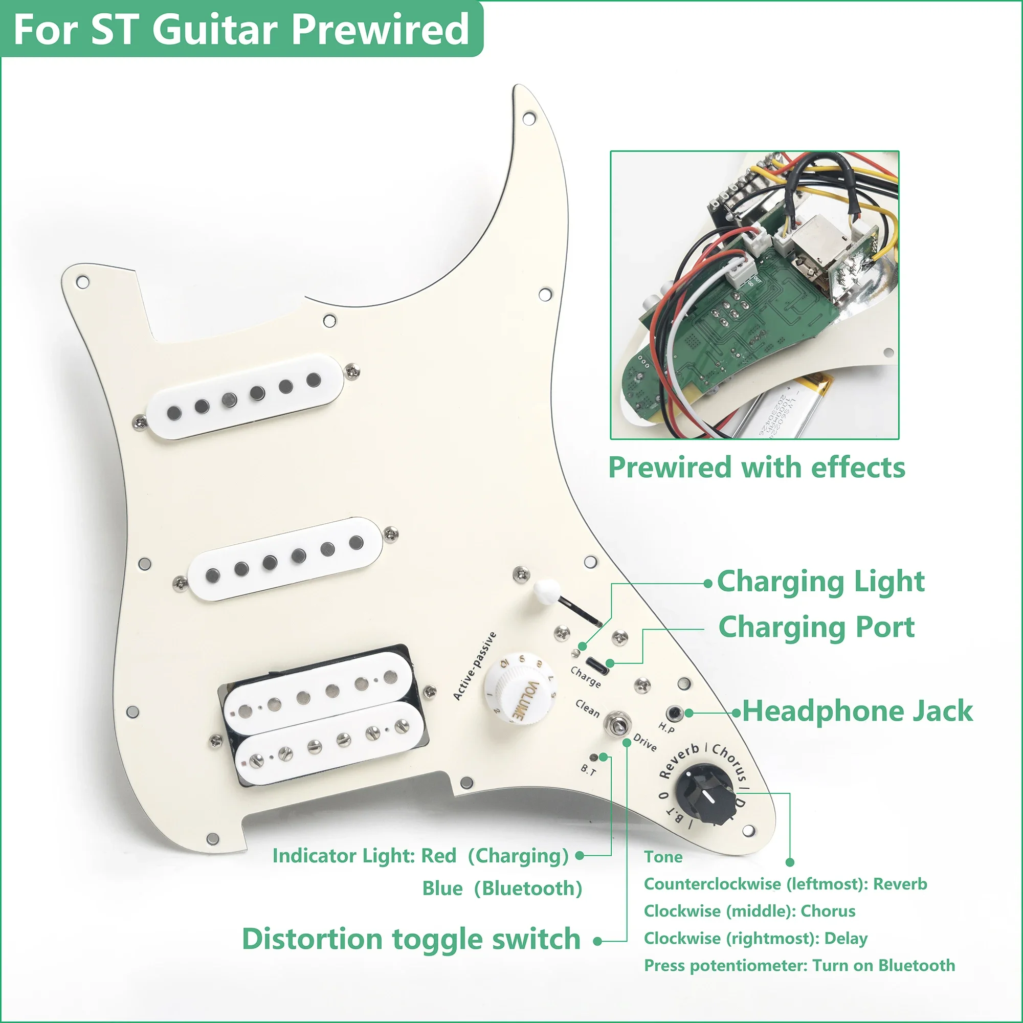 Prewired Guitar Pickguard Set with Built-In Effects, SSH Humbucker Pickups, Coil Splitting, and Bluetooth for ST Electric Guitar